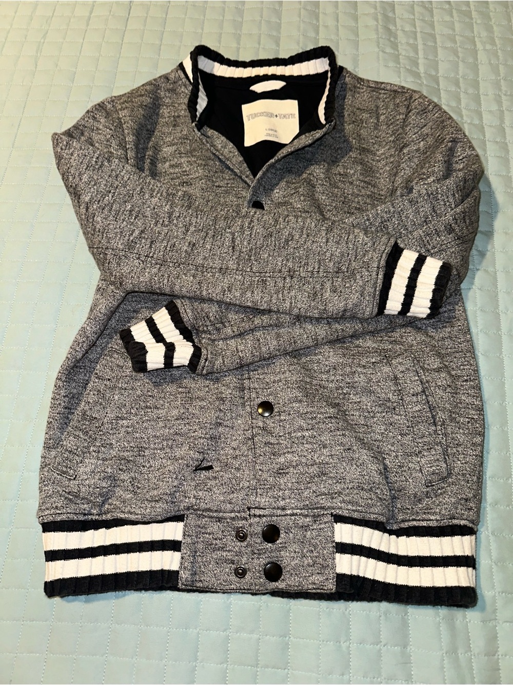 Tucker and Tate Grey Heather Varsity button up sweater with Black & White Trim